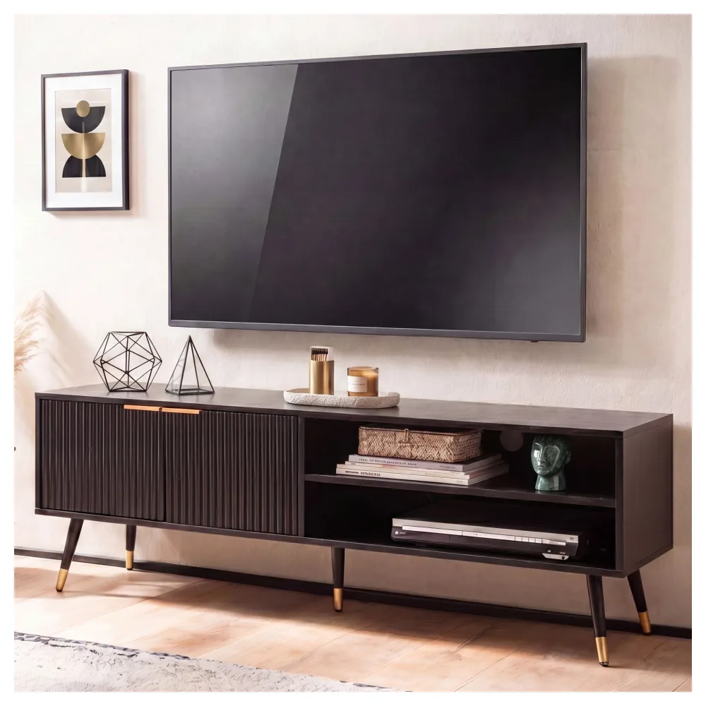 FineBuy Lowboard Schwarz mit Eiche-Dekor 150x51x39 cm TV-Kommode Modern, Design TV-Schrank Hoch, Fernsehtisch Fernsehschrank mit Türen & Ablagefächern, Fernsehkommode Wohnzimmer