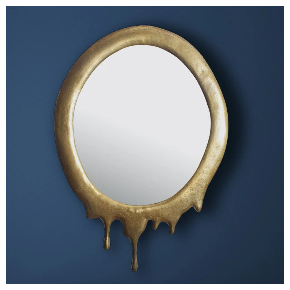 FineBuy Wandspiegel 50x71 cm Metall Design Hängespiegel Gold, Aluminium Dekospiegel Oval mit Rahmen, Spiegel Wand Groß, Flurspiegel Garderobenspiegel Modern