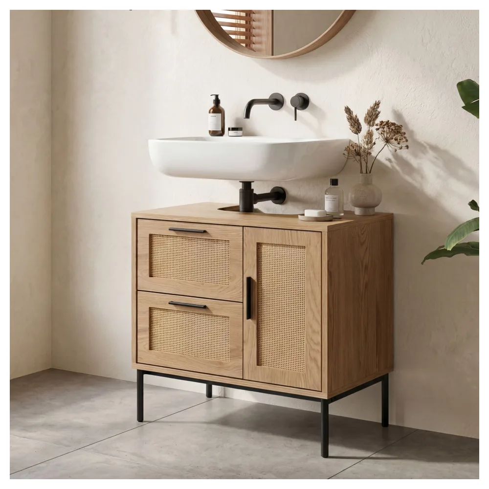 FineBuy Waschbeckenunterschrank Eiche-Optik 60x60x40 cm mit Tür und Schubladen, Badezimmerschrank mit Rattangeflecht, Unterschrank Stehend, Badschrank Midischrank Klein Waschtisch