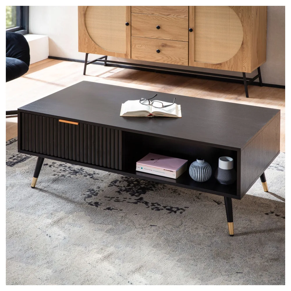 FineBuy Couchtisch 110x60x43 cm Schwarz mit Eiche-Dekor Wohnzimmertisch, Sofatisch Rechteckig mit Stauraum, Kaffeetisch mit Schubladen, Tisch Wohnzimmer mit Metallbeine