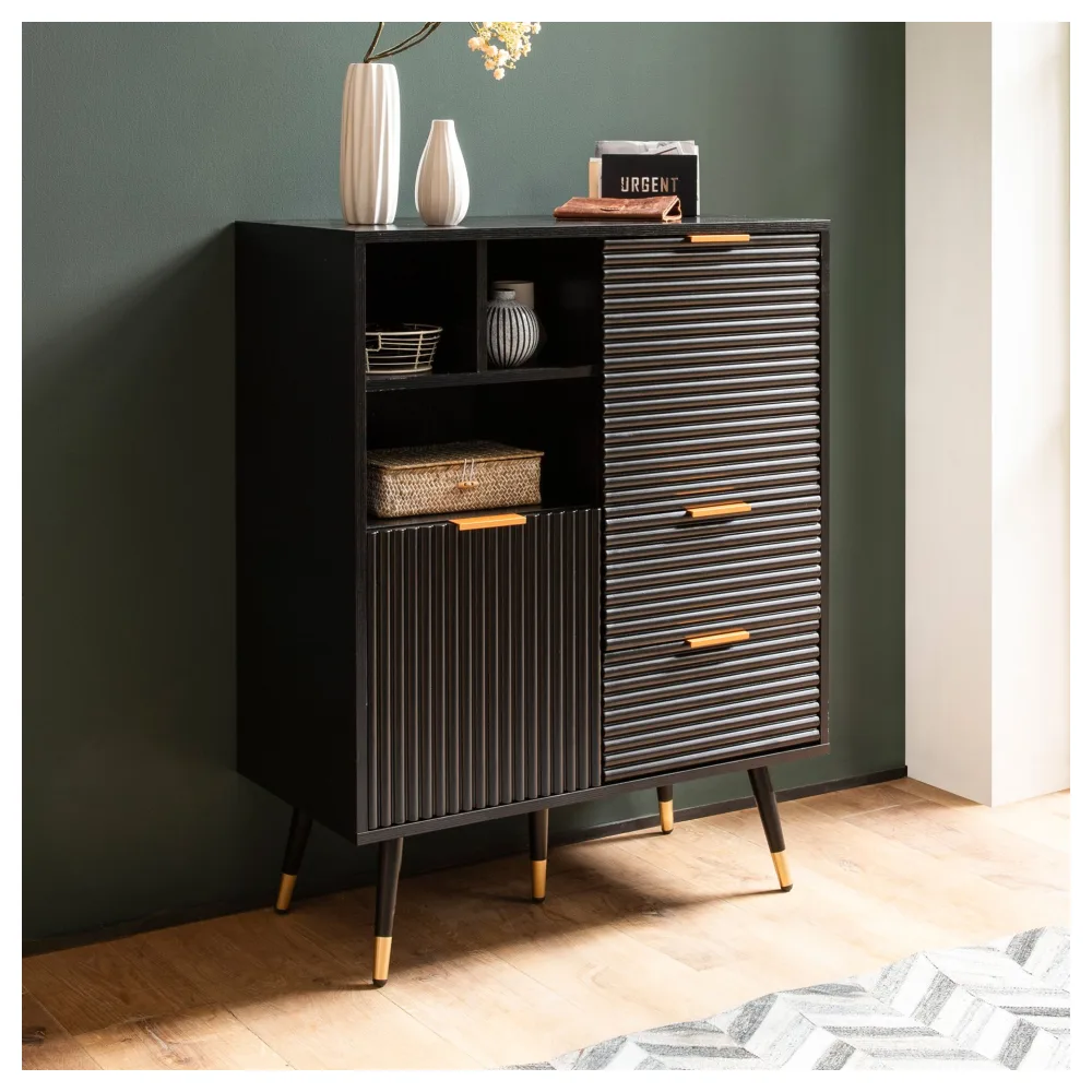 FineBuy Sideboard 77x97x40 cm Anrichte Schwarz mit Eiche-Dekor, Kommode mit Türen und Schubladen, Kommodenschrank Flurschrank mit Regal Modern, Standschrank Wohnzimmer Metallbeine
