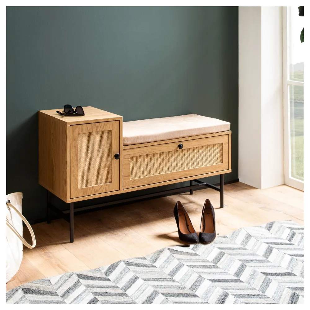 FineBuy Schuhbank mit Sitzfläche 100x60x38 cm Garderobenbank Eiche-Dekor, Sitzbank Rattan Klein Gepolstert, Bank Schmal Flur mit Stauraum, Flurbank Flurmöbel mit Schublade und Tür