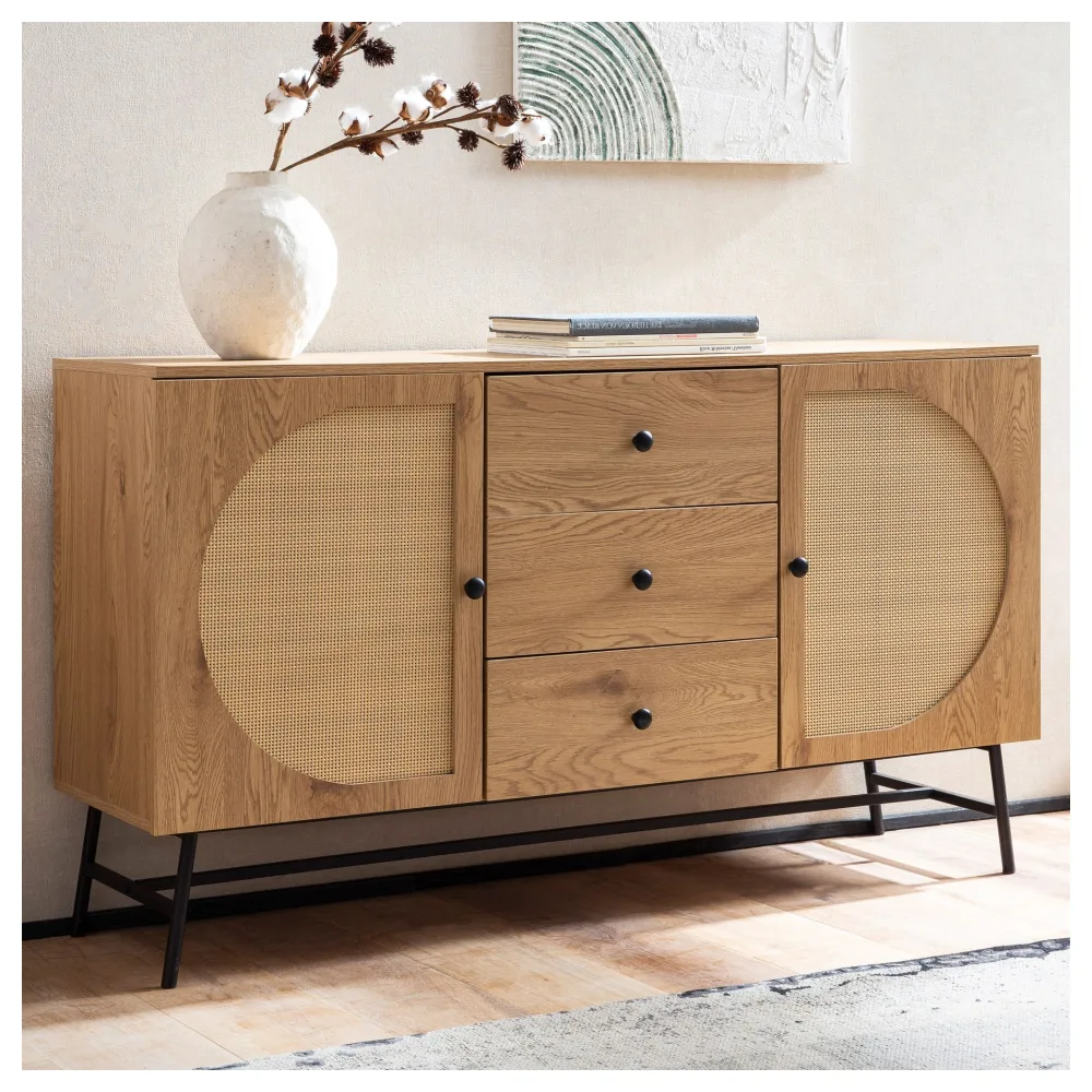 Sideboard in Eiche Dekor 140 cm Kommode mit 2 Türen & 3 Schubladen aus Wiener Rattan Geflecht Design