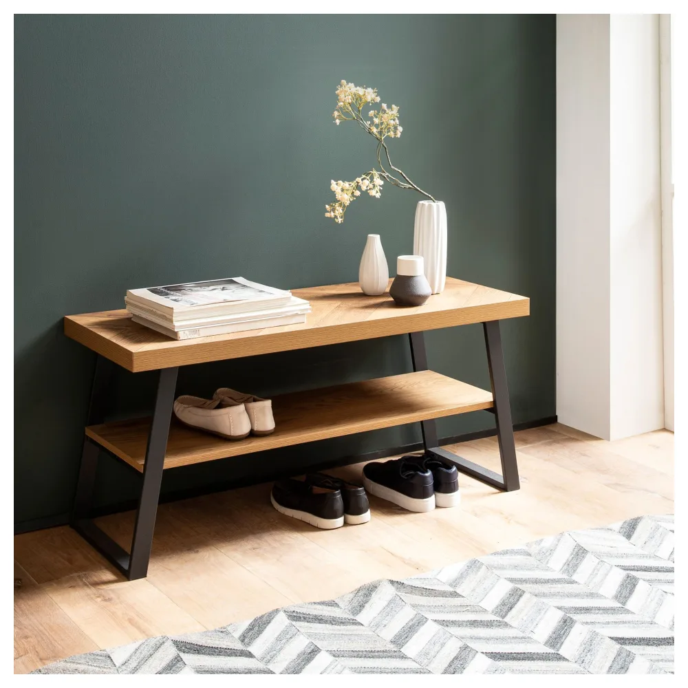FineBuy Schuhbank 100x41x40 cm Garderobenbank Eiche-Dekor, Sitzbank Fischgrät-Muster Klein, Bank Schmal Flur mit Stauraum, Flurbank Flurmöbel mit Ablage