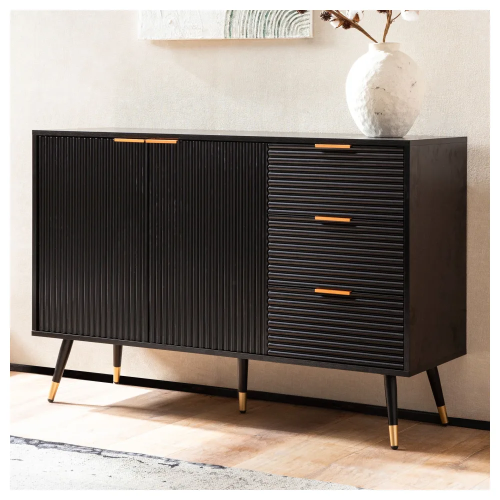 FineBuy Sideboard 120x80x40 cm Anrichte Schwarz mit Eiche-Dekor, Kommode mit Türen und Schubladen, Kommodenschrank Flurschrank Modern, Standschrank Wohnzimmer Metallbeine