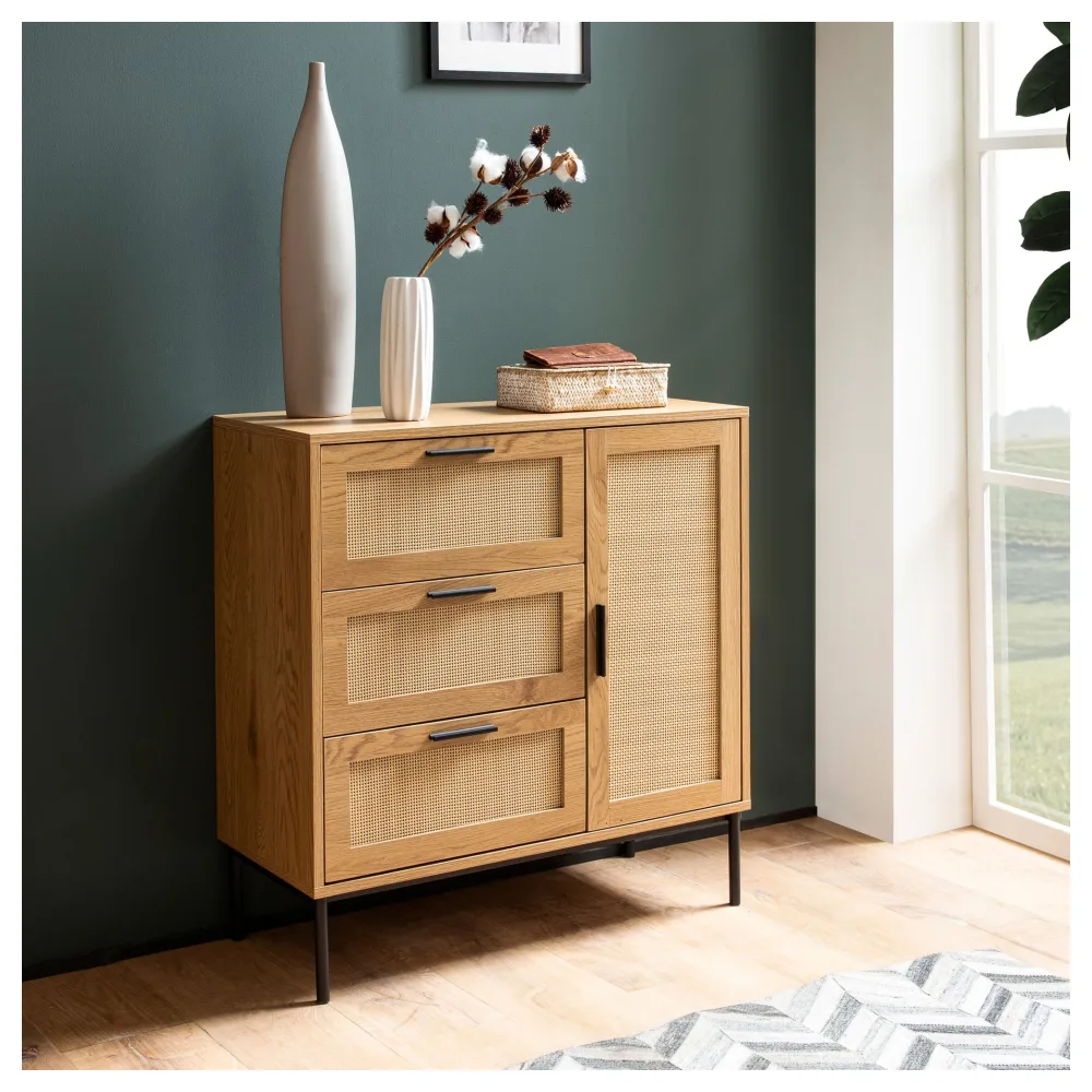 Kommode in Eiche Dekor 80 cm Sideboard mit 3 Schubladen & 1 Tür aus Wiener Rattan Geflecht Design Highboard - Schubladenkommode