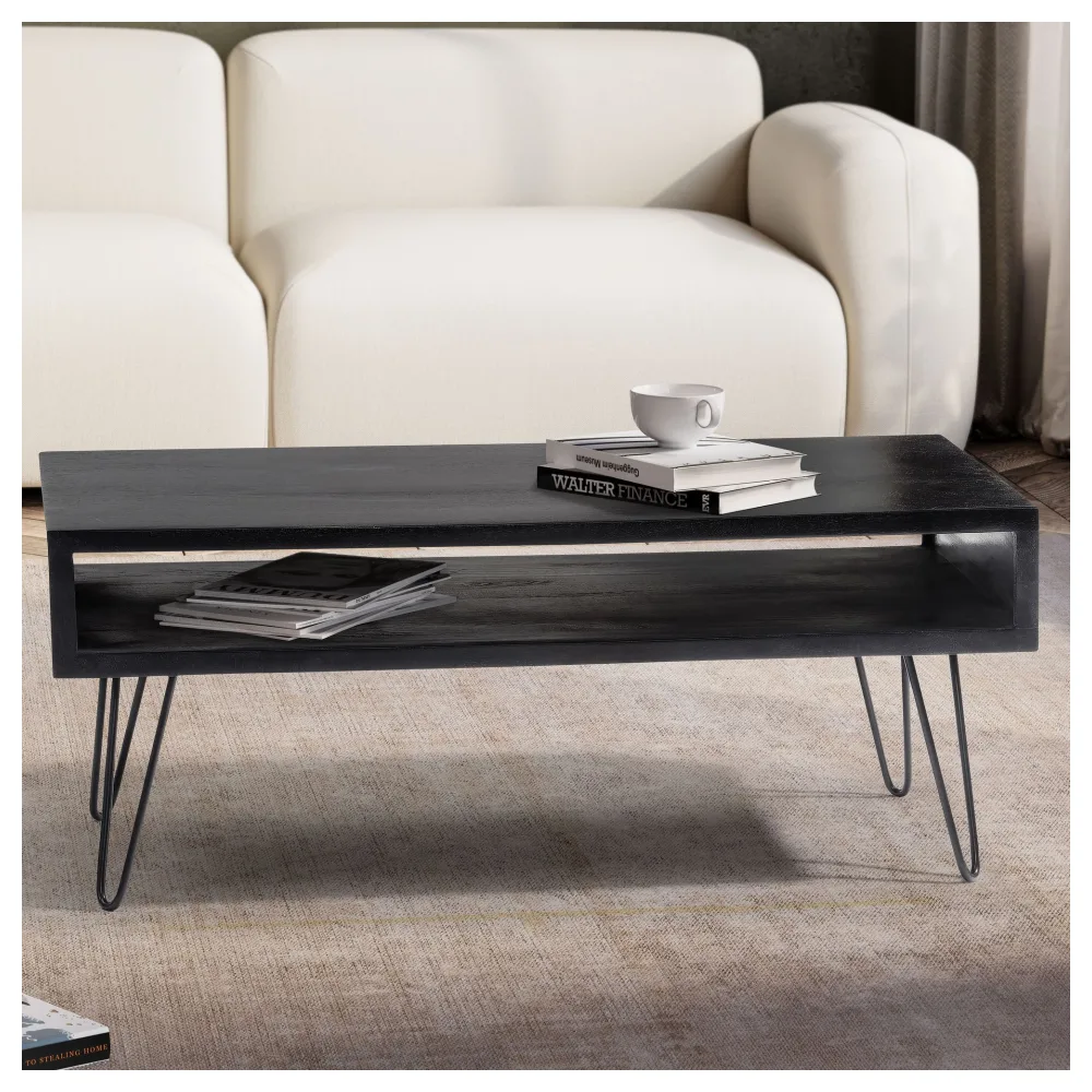 FineBuy Couchtisch Mango Massivholz schwarz 100x50 cm · rechteckiger Wohnzimmertisch mit Ablagefach · Massivholztisch mit Hairpin-Beinen im modernen Industrial Design