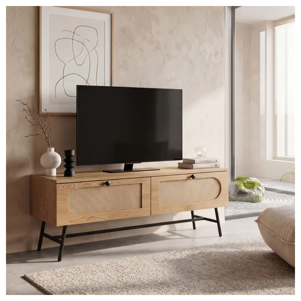 FineBuy Lowboard 100x45x40 cm TV-Kommode mit Eiche-Dekor & Rattan, Design TV-Schrank Hoch mit Schubladen, Fernsehtisch Fernsehschrank, Fernsehkommode Wohnzimmer