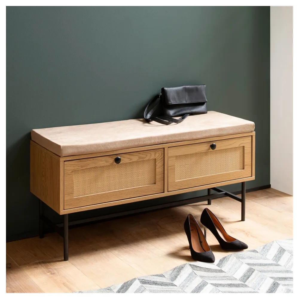 FineBuy Schuhbank mit Stoff-Sitzfläche 100x48x38 cm Garderobenbank Eiche-Dekor, Sitzbank Rattan Klein Gepolstert, Bank Schmal Flur mit Stauraum, Flurbank Flurmöbel mit Schubladen