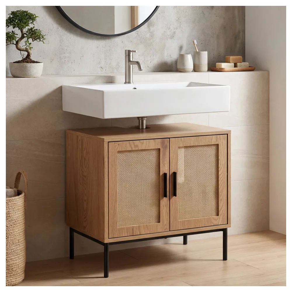 FineBuy Waschbeckenunterschrank Eiche-Optik 60x60x40 cm mit Türen, Badezimmerschrank mit Rattangeflecht, Unterschrank Stehend, Badschrank Midischrank Klein Waschtisch