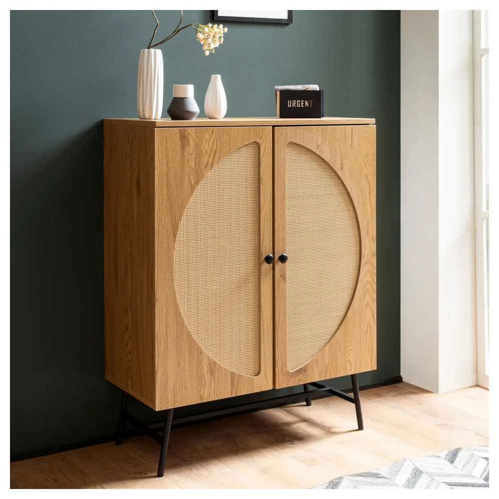 Kommode in Eiche Dekor 80 cm Sideboard mit 2 Türen aus Wiener Rattan Geflecht Design Highboard