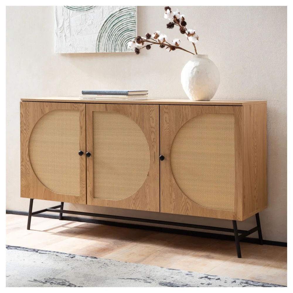 FineBuy Sideboard 140x80x39 cm Kommode Eiche-Dekor mit Rattan Geflecht Modern, Hoher Kommodenschrank, Standschrank mit 3 Türen, Anrichte Wohnzimmer