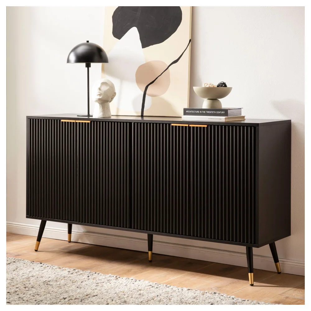 FineBuy Sideboard 150x81x39 cm Anrichte Schwarz mit Eiche-Dekor, Kommode mit Türen, Kommodenschrank Flurschrank Modern, Standschrank Wohnzimmer Metallbeine