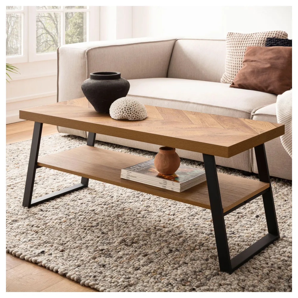 FineBuy Couchtisch 100x40x41 cm Sofatisch Braun mit Fischgrät-Muster, Design Wohnzimmertisch Rechteckig, Loungetisch Modern mit Ablage, Kaffeetisch mit Metallgestell