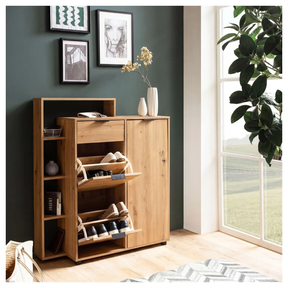 FineBuy Schuhschrank Eiche-Dekor 98x110x30 cm Schuhkipper Geschlossen, Schuhkommode mit Schublade Modern, Flurschrank mit Regal und Ablage, Schuhaufbewahrung Flurkommode für Schuhe Hoch