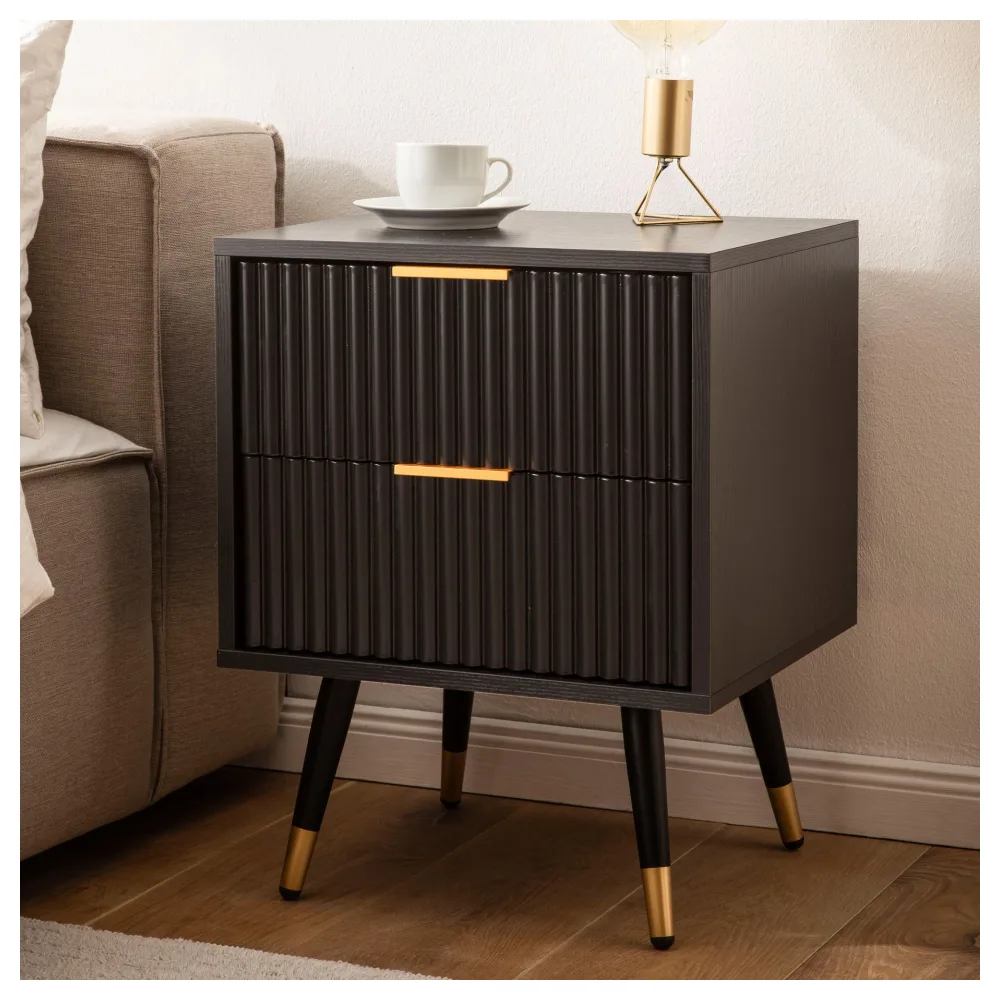 FineBuy Nachtkonsole Schwarz mit Eiche-Dekor 43,5x39x56 cm Nachttisch Modern, Nachtkommode Boxspringbett mit Schubladen, Nachtkästchen mit Stauraum
