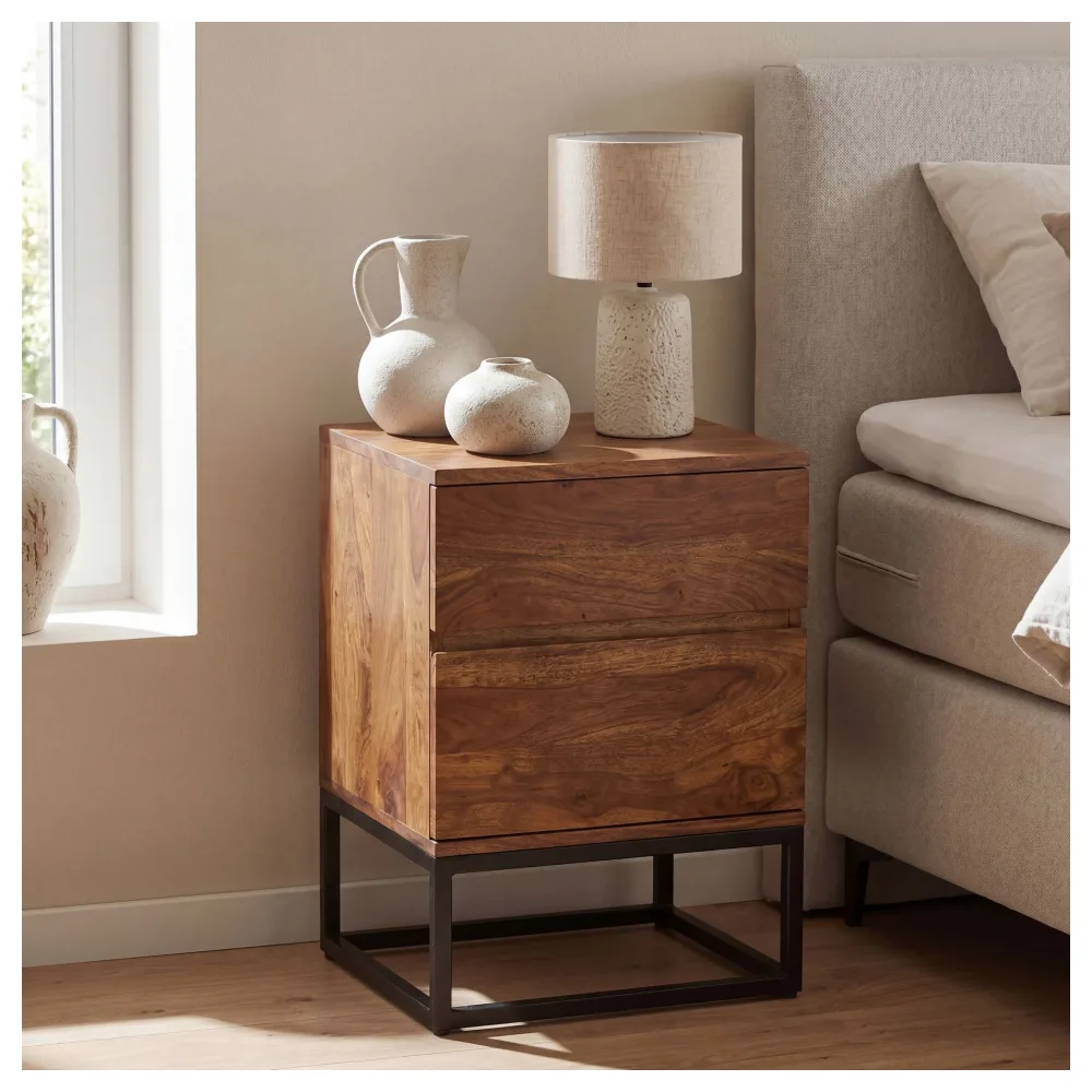 FineBuy Nachttisch Sheesham Massivholz mit Metallgestell und 2 Schubladen – Nachtkonsole im Industrial Design für Schlafzimmer – Nachtkästchen für Boxspringbett 40x38x60 cm