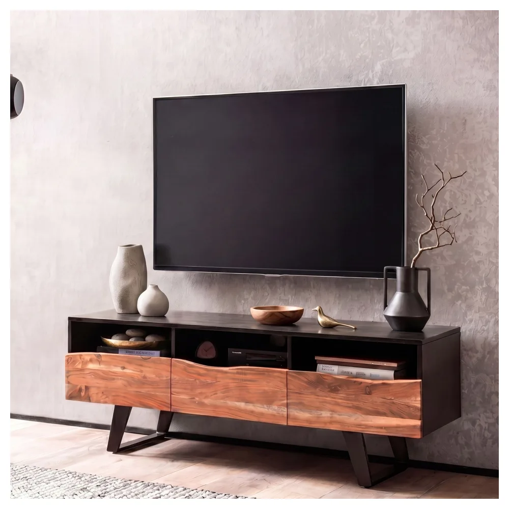 FineBuy Lowboard Akazie Massivholz 140x50x40 cm Baumkante TV-Kommode Schwarz, Design TV-Schrank Hoch mit Schublade, Fernsehtisch Fernsehschrank Modern mit Türen, Fernsehkommode Wohnzimmer