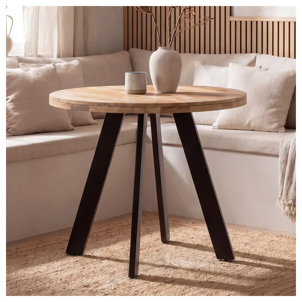 FineBuy Esstisch rund Ø 80 cm Mango Massivholz – Moderner Küchentisch mit Metallbeinen, Design Holztisch für 3 Personen, kleiner Esszimmertisch im Industrial Stil