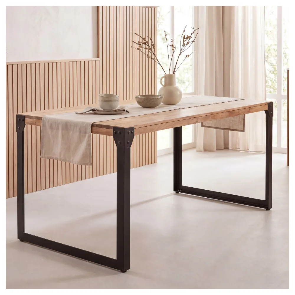 FineBuy Esstisch rechteckig 120 cm Akazie Massivholz – Kleiner Esszimmertisch im Industrial Design mit Metallgestell, Holz Küchentisch massiv für 4 - 6 Personen