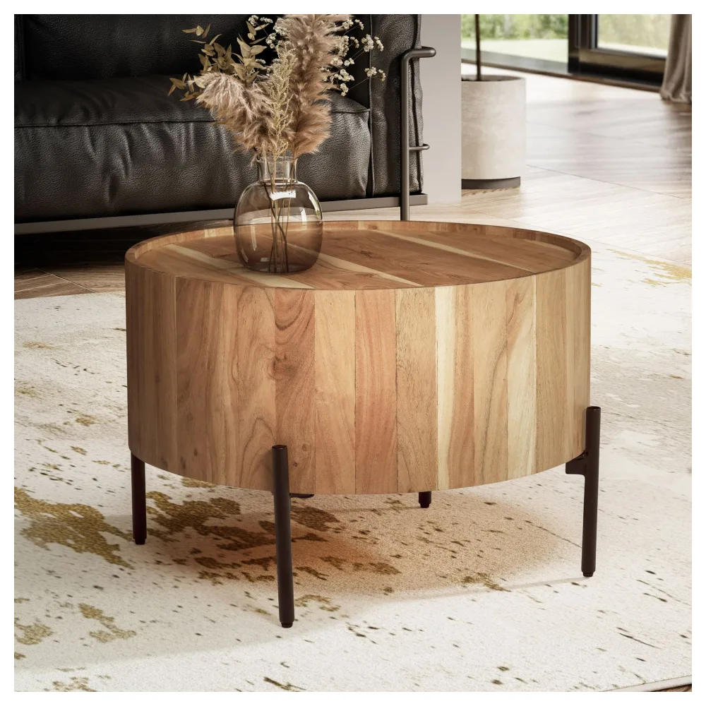 FineBuy Couchtisch Akazie Massivholz rund 60 cm · Wohnzimmertisch in Trommelform mit schwarzen Metallfüßen · Handgefertigter moderner Industrial Design Tisch