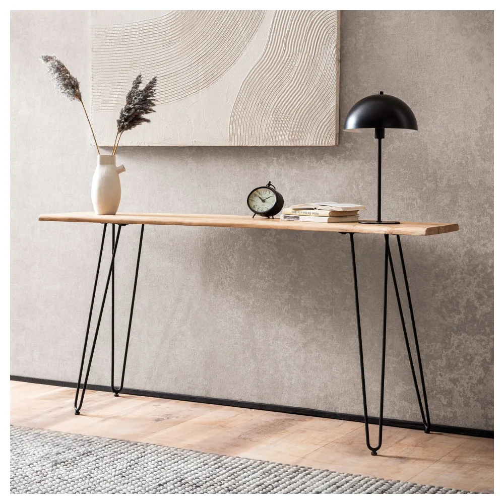 FineBuy Konsolentisch 150x36x75 cm Akazie Massivholz Baumkante Anrichte Flur, Ablagetisch mit Haarnadelbeine Schmal Modern, Flurtisch Metallgestell, Dielentisch Lang Hoch