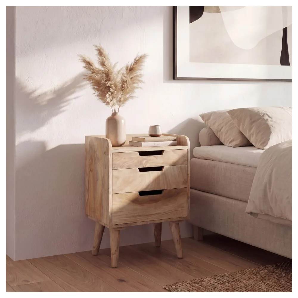 FineBuy Nachttisch aus Mango Massivholz mit 3 Schubladen & Ablage – Nachtschrank ideal für Boxspringbetten, Nachtkonsole im Natur Design – Nachtkästchen 45x33x63 cm
