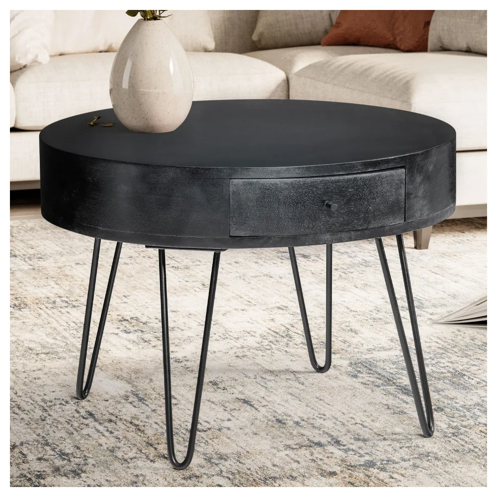 FineBuy Couchtisch Mango Massivholz Schwarz rund Ø 60 cm – Wohnzimmertisch mit Schublade & schwarzen Hairpin Beinen | Retro Design Holztisch handgefertigt