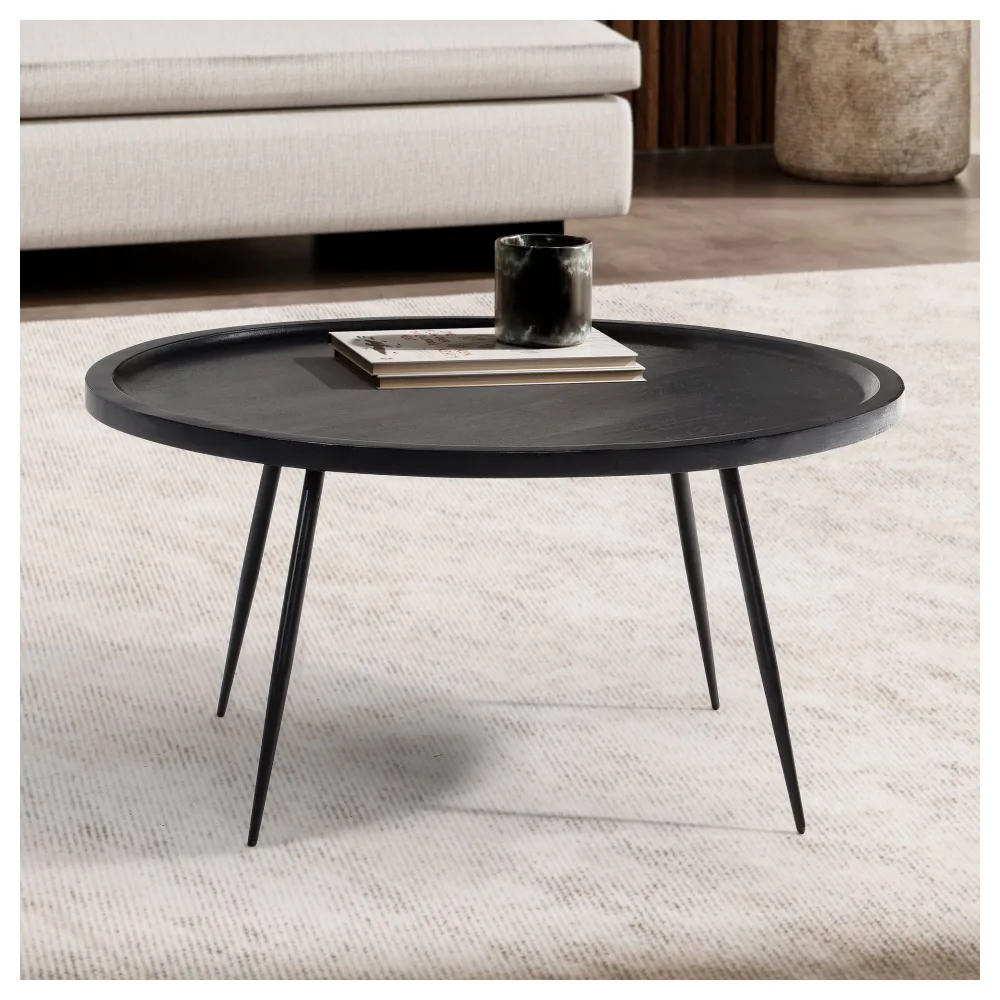 FineBuy Couchtisch Mango Massivholz rund Ø 75 cm Schwarz · Moderner Wohnzimmertisch mit Metallbeinen · Handgefertigter Sofatisch im Industrial Japandi Design