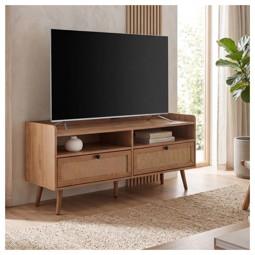 FineBuy Lowboard 120x56x39 cm TV-Kommode mit Eiche-Dekor & Rattan, Design TV-Schrank Hoch mit Schubladen, Fernsehtisch Fernsehschrank Stauraum, Fernsehkommode Wohnzimmer