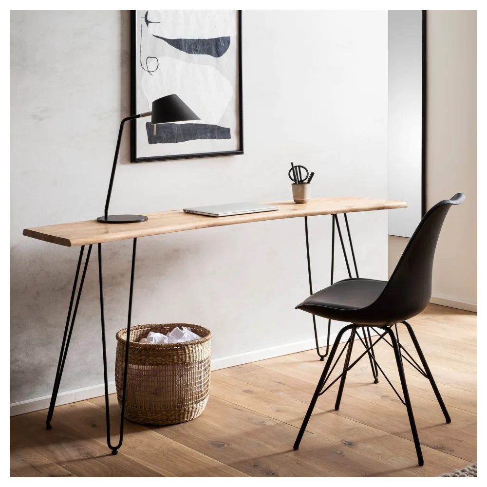 FineBuy Schreibtisch 150x36x75 cm Akazie Massivholz / Metall Computertisch Baumkante, Homeoffice Bürotisch Massiv mit Haarnadelbeinen in Schwarz, Holztisch Schmal Laptoptisch Arbeitszimmer