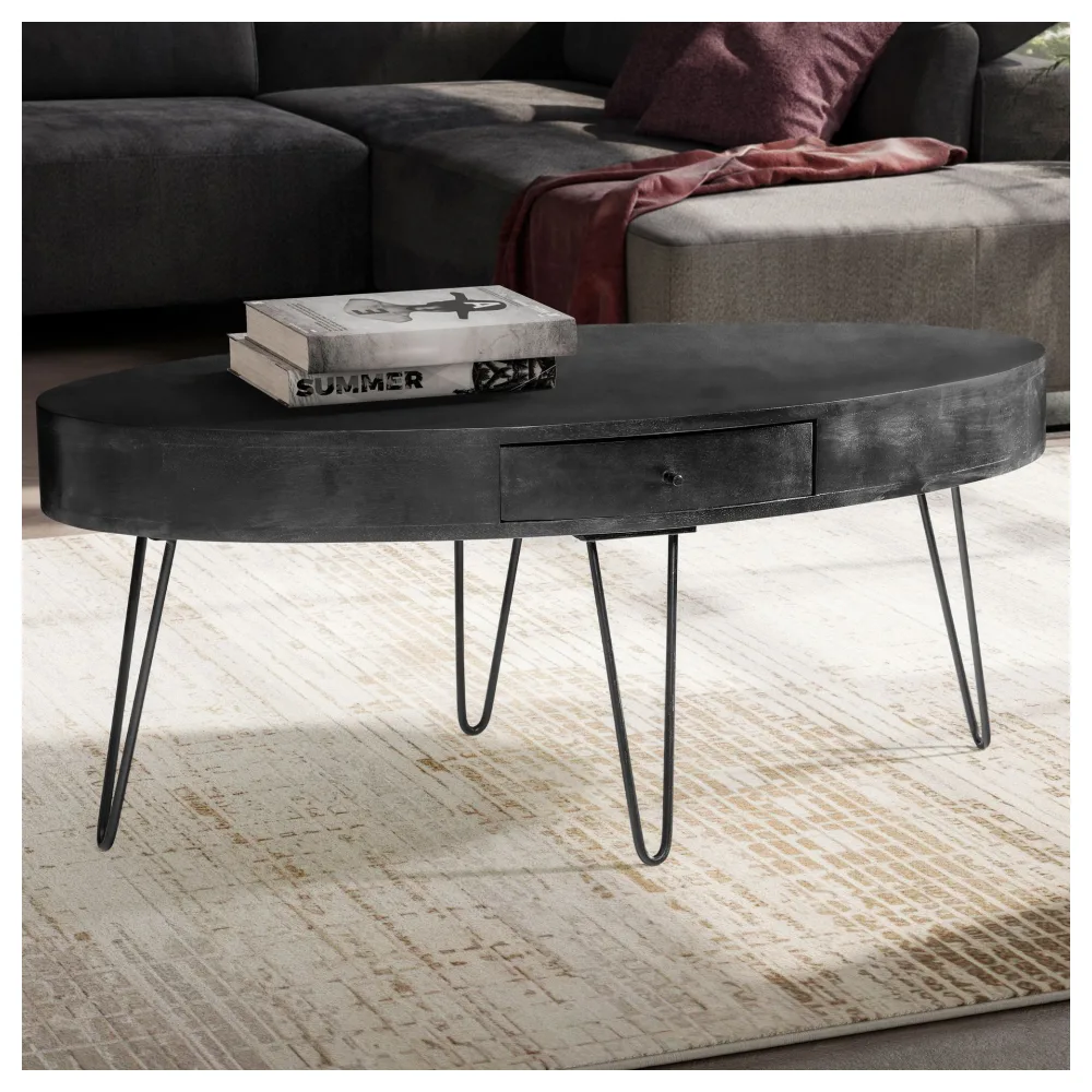 FineBuy Couchtisch 100cm oval Mango Massivholz schwarz · Wohnzimmertisch mit Schublade und Hairpin Beinen · Moderner Massivholztisch im Industrial Design mit Metallgestell