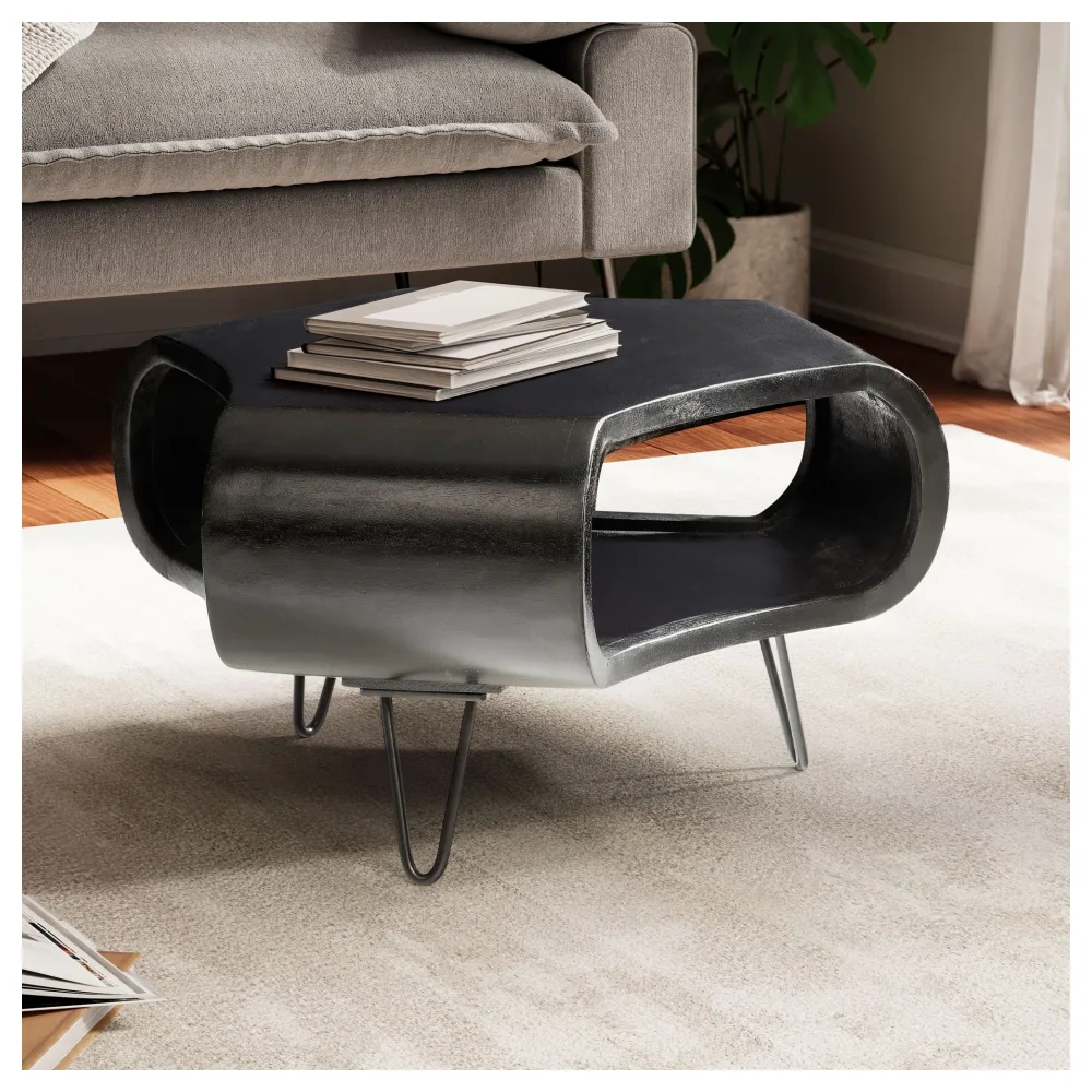 FineBuy Couchtisch Mango Massivholz 60cm Schwarz – Wohnzimmertisch mit Ablagefach und Metallbeinen | Design Tisch in Handarbeit | Retro Stil aus echtem Massivholz