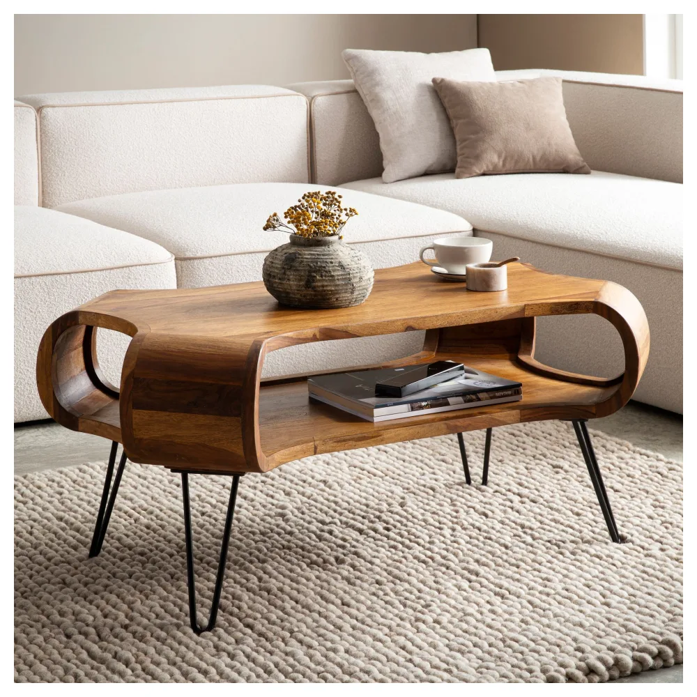 FineBuy Couchtisch 100x60x47 cm Sheesham Massivholz Metall Sofatisch, Design Wohnzimmertisch Rechteckig mit Stauraum, Kaffeetisch Massiv, Großer Tisch Wohnzimmer mit Haarnadelbeine