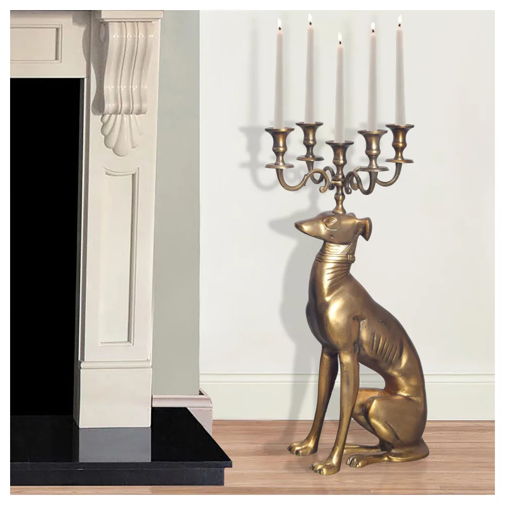 FineBuy Kerzenhalter Windhund Aluminium Gold 69 cm 5-armiger Kerzenleuchter, Kerzenständer Metall für fünf Kerzen, Bodenkerzenhalter Modern, Wohnaccessoire Hund
