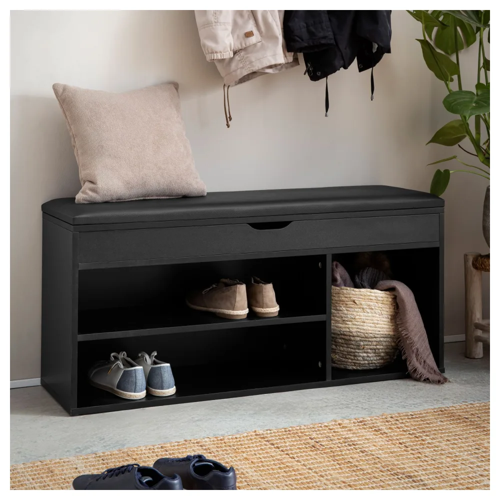 FineBuy Schuhbank mit Sitzfläche Garderoben-Bank 104x51x32 cm Kunstleder Schwarz, Holzbank Klein Gepolstert, Sitzbank Schmal Flur mit Stauraum, Truhenbank Schuhtruhe Flurmöbel