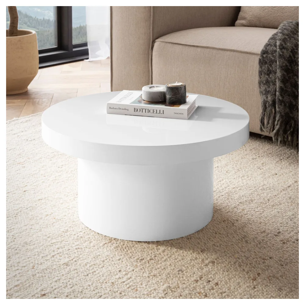 FineBuy Weißer Hochglanz Couchtisch 60cm rund – stilvoller kleiner Design Wohnzimmertisch, Sofatisch im modernen Pilz-Design mit glatter Oberfläche