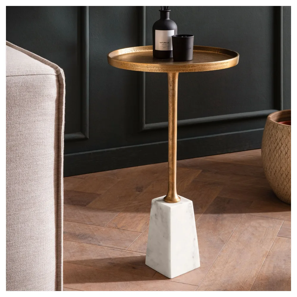 FineBuy Beistelltisch Echter Marmor Metall 34x34x58 cm Anstelltisch Gold Weiß, Kleiner Abstelltisch Rund, Wohnzimmertisch Couch Modern, Marmortisch Hoch