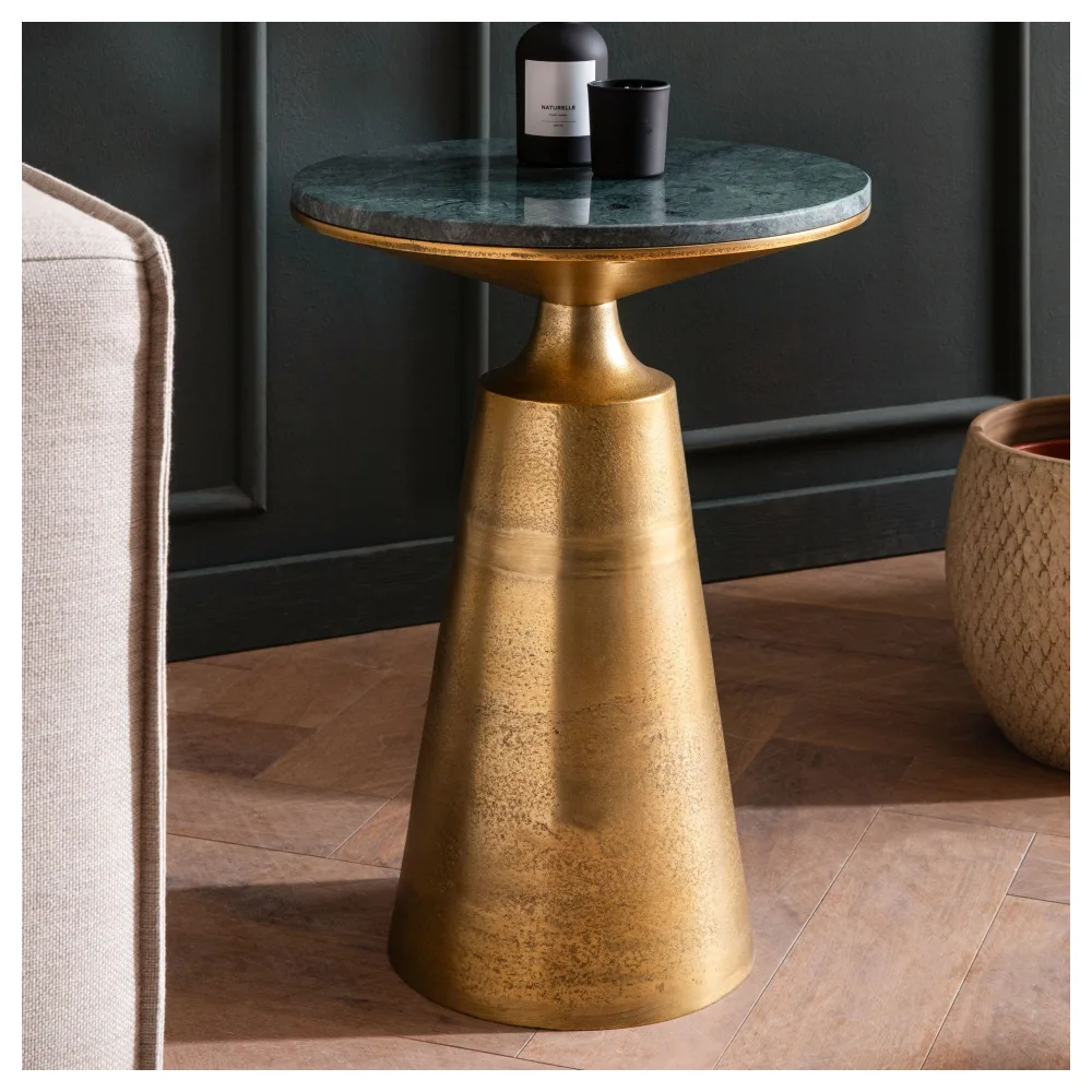 FineBuy Beistelltisch Echter Marmor Metall 40x40x56,5 cm Anstelltisch Grün Gold, Kleiner Abstelltisch Rund, Wohnzimmertisch Couch Modern, Marmortisch Hoch