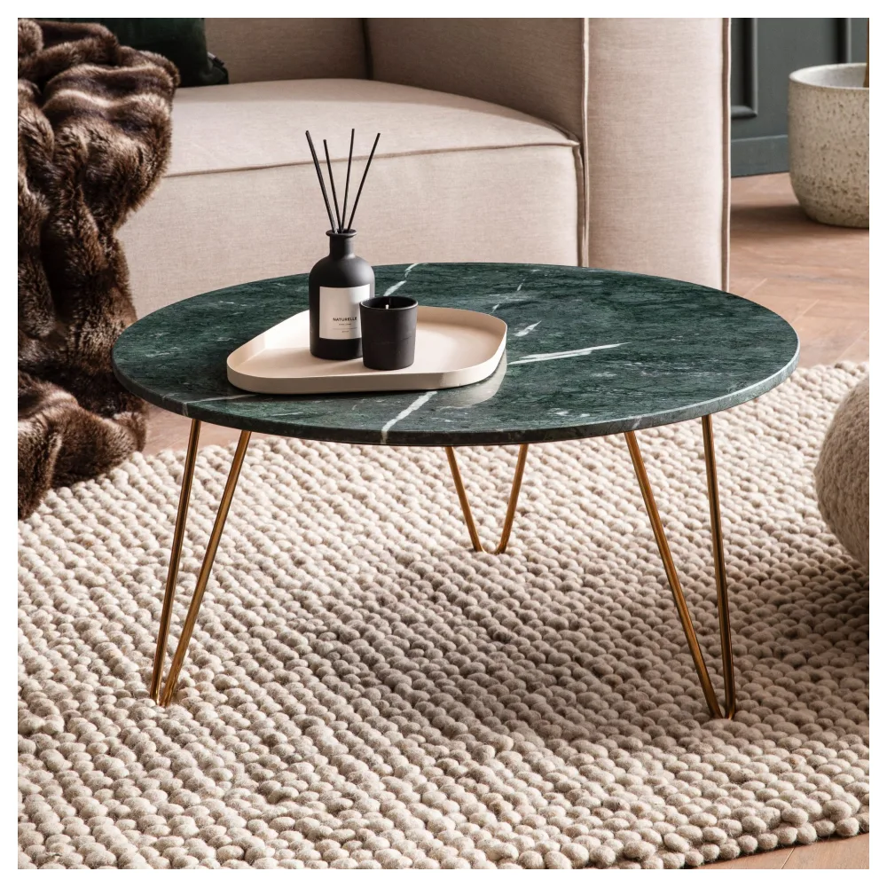 FineBuy Couchtisch Echter Marmor Grün 70x70x35 cm Sofatisch Metall Gold, Design Dreibein Wohnzimmertisch Rund Modern, Marmortisch Loungetisch Groß, Kaffeetisch Haarnadelbeine