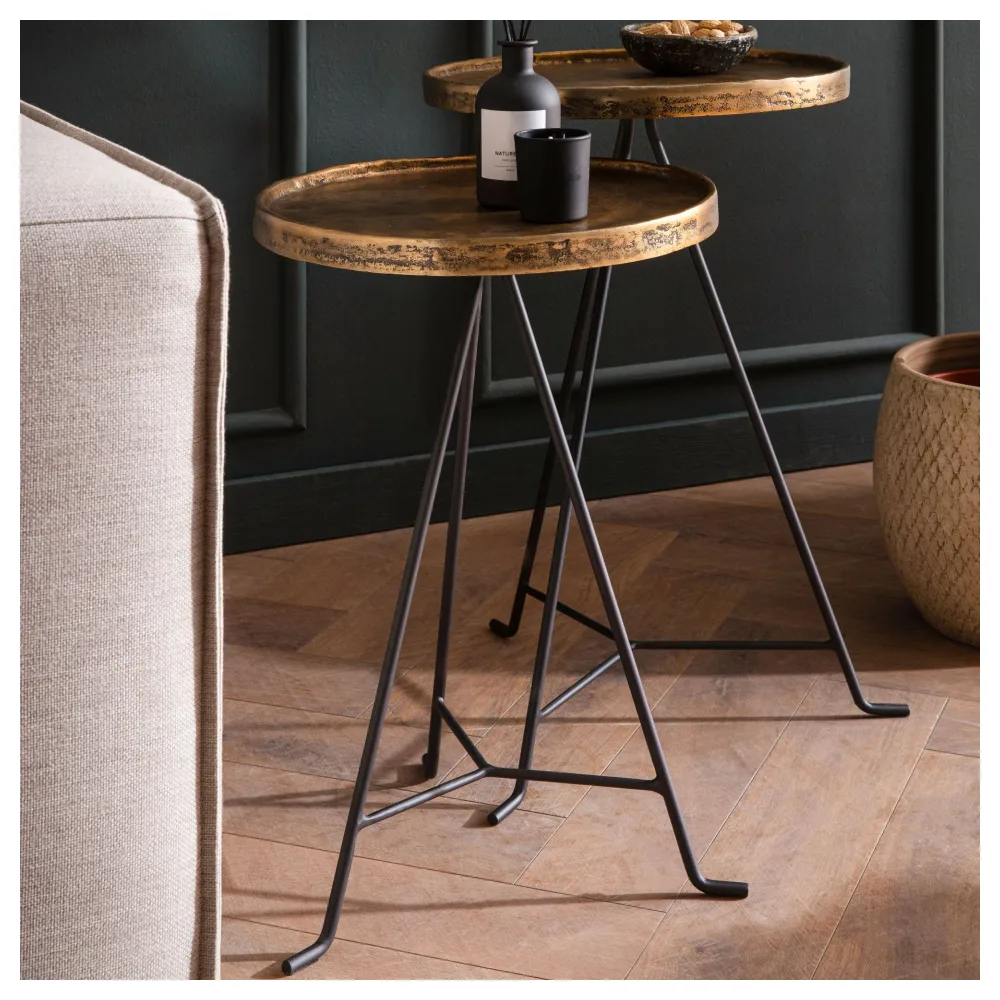FineBuy Beistelltisch 2er Set Metall Gold / Schwarz Design Satztisch Rund, Wohnzimmertisch Anstelltisch Modern, Sofatisch Dekotisch 2-teilig, Blumentisch Wohnzimmer