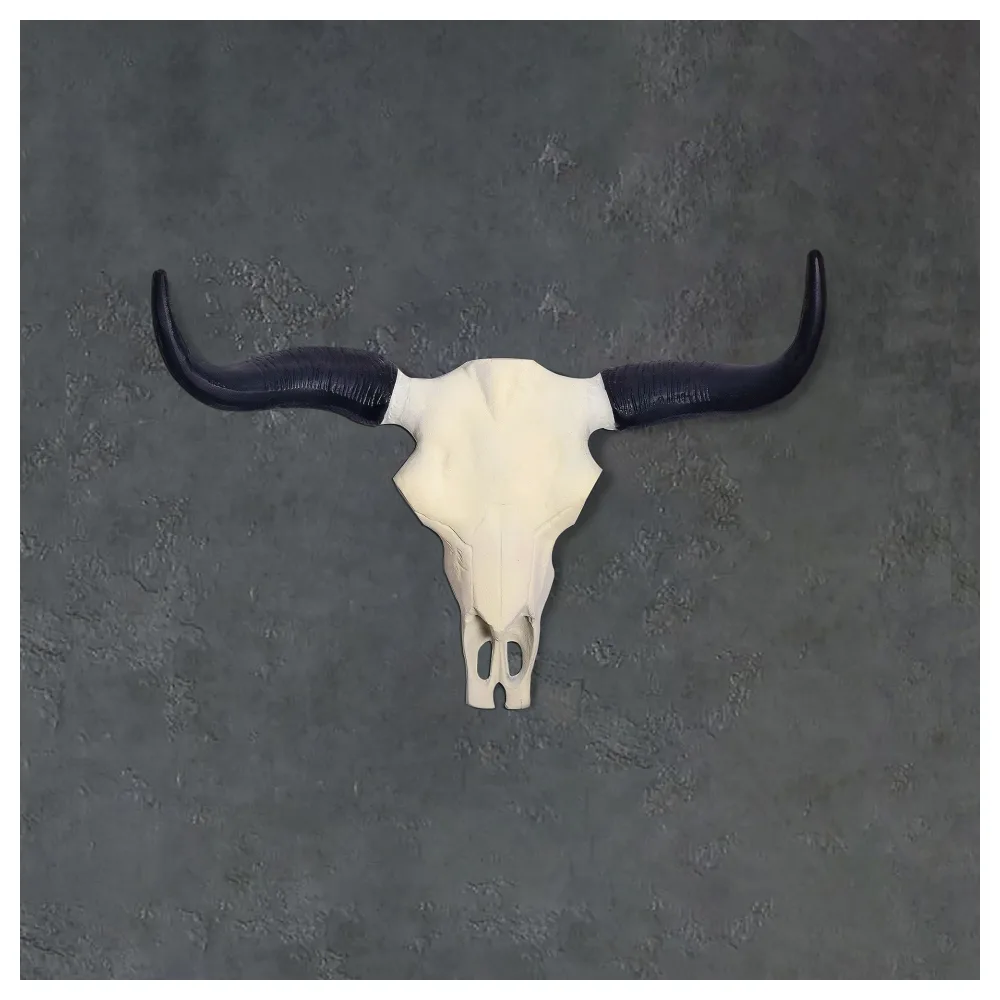 FineBuy Deko Geweih Büffel-Schädel Weiß 55,5 cm Aluminium Design Stierkopf, Wanddekoration Horn Modern, Wandskulptur mit Hörner, Geweih-Jagdtrophäe Metall, Wandschmuck Groß