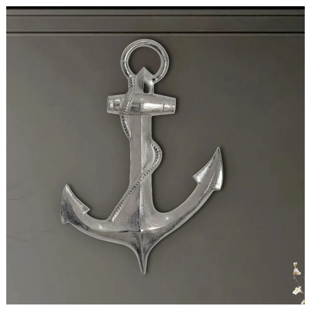 FineBuy Deko Anker 70 cm Silber Große Aluminium-Figur Wohndeko Maritim, Design Wanddekoration Metall, Dekoration für Zuhause, XXL Wandschmuck, Wanddeko Modern