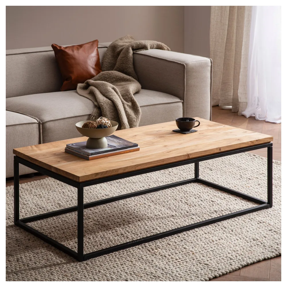 FineBuy Couchtisch Akazie Massivholz 120 cm · Rechteckiger Wohnzimmertisch mit schwarzem Metallgestell · Handgefertigter Massivholztisch im modernen Industrial Design