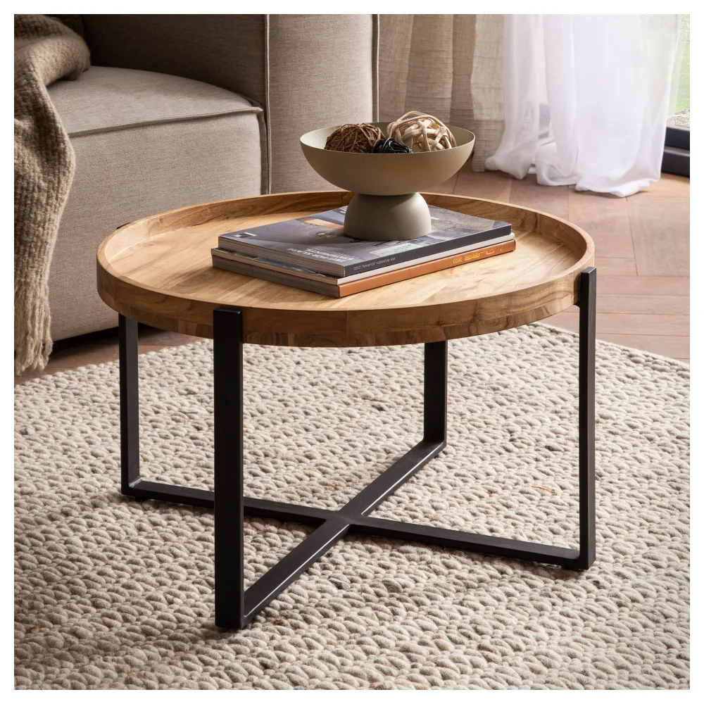 FineBuy Couchtisch Akazie Massivholz rund 60 cm · Wohnzimmertisch mit erhöhter Tischkante · Schwarzes Kreuzgestell aus Metall · Handgefertigter Industrial Design Tisch