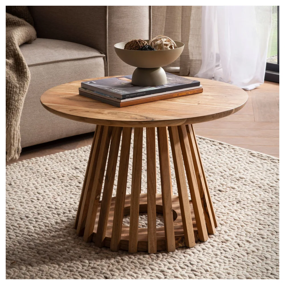FineBuy Couchtisch Akazie Massivholz rund 60 cm · Wohnzimmertisch mit Lamellenfuß im modernen Design · Handgefertigt · Stabiler Holztisch mit einzigartiger Form