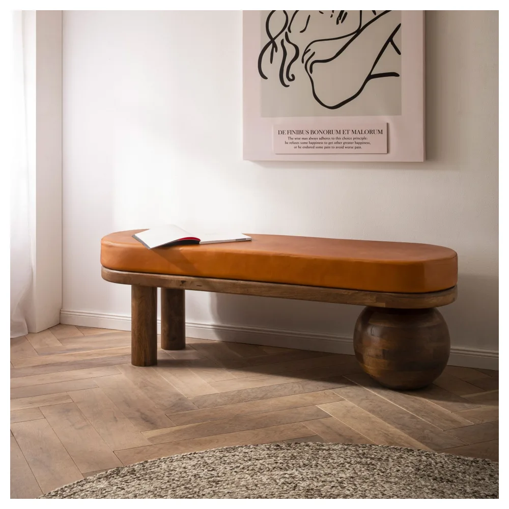 FineBuy gepolsterte Sitzbank 140 cm Massivholz Echtleder - Design Bank für Garderobe Schlafzimmer & Wohnzimmer - Ausgefallene Garderobenbank Handmade