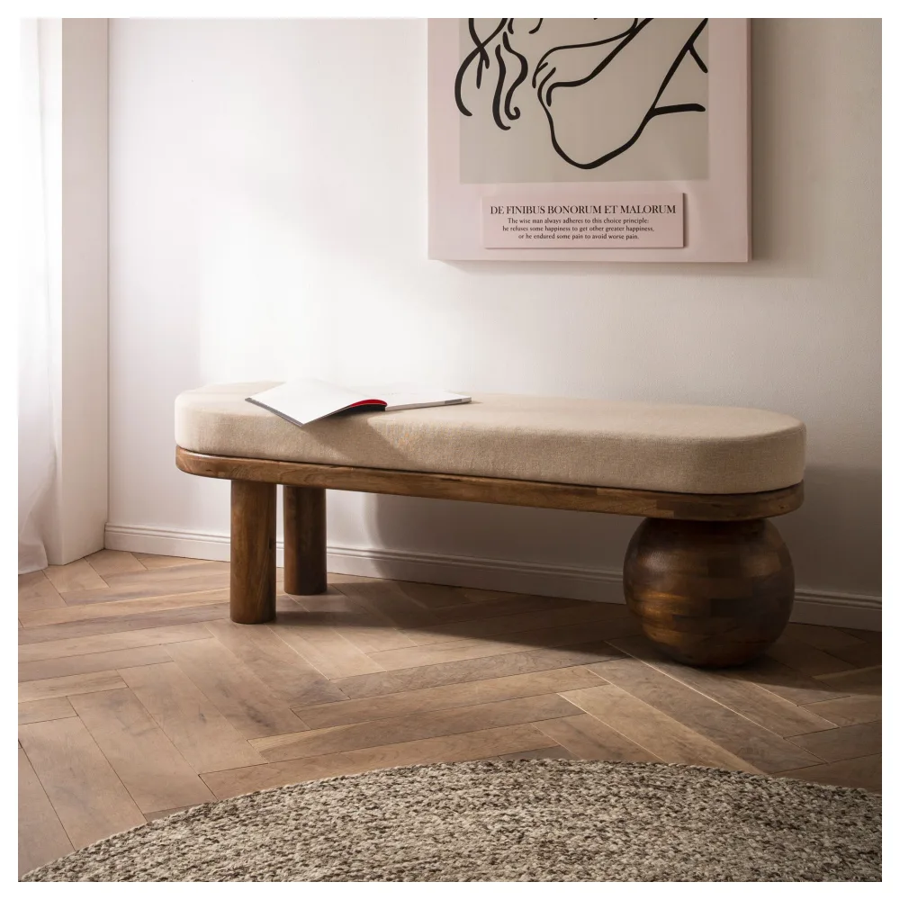 FineBuy gepolsterte Sitzbank 140 cm Massivholz Stoff - Design Bank für Garderobe Schlafzimmer & Wohnzimmer - Ausgefallene Garderobenbank Handmade