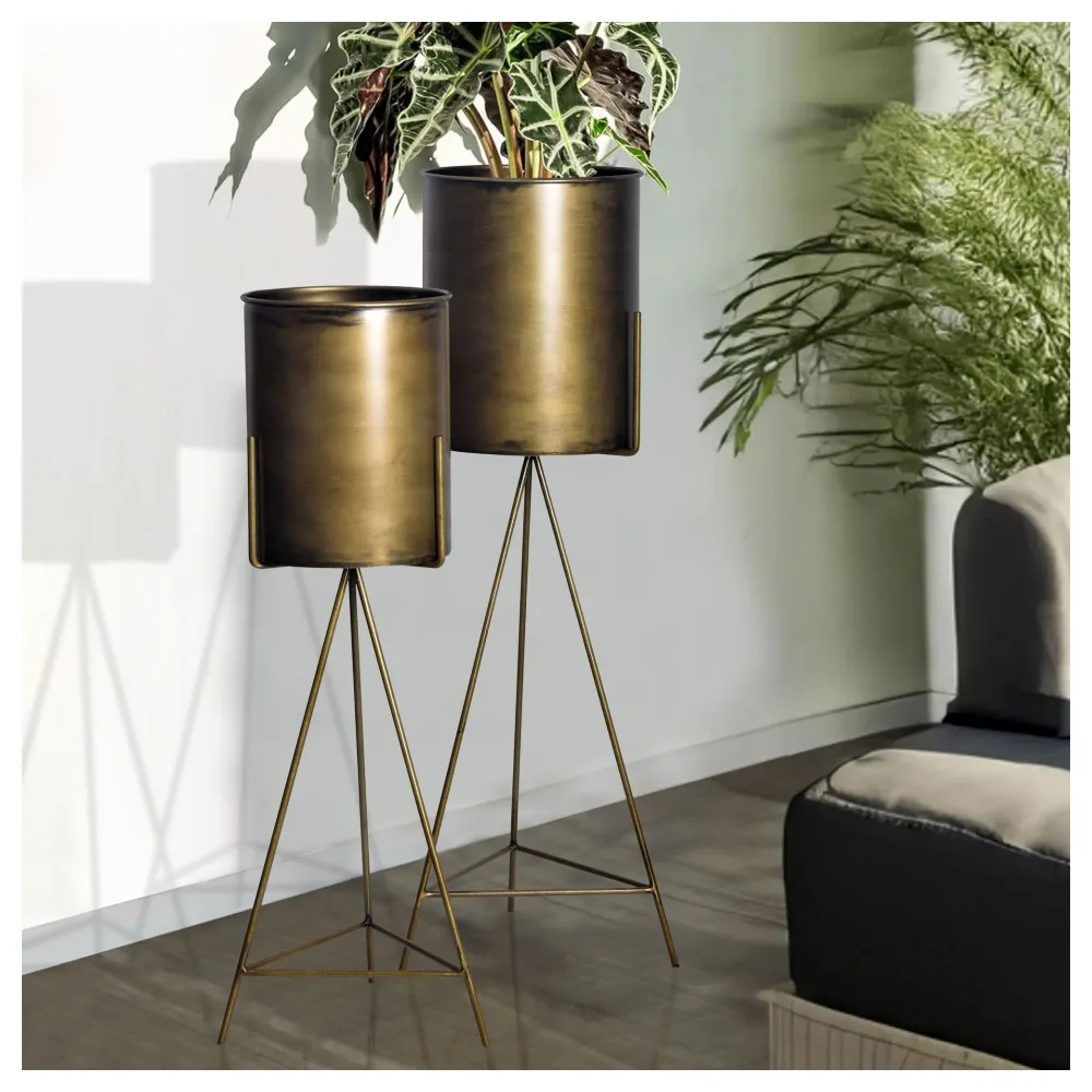 FineBuy Blumentopf 2er Set Metall Pflanzkübel Gold mit Gestell, Design Eisen-Pflanzenkübel Rund, Blumenkübel Pflanzgefäß Indoor Hoch