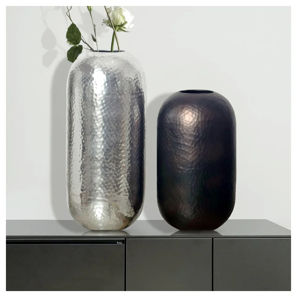 FineBuy Deko Vase 2er Set Aluminium Silber Schwarz-Bronze Blumenvase Modern, Dekovase Hammerschlag Rund 2-teilig Metall für Blumen, Alu Tischvase Zylinder Wohndeko Tischdeko Handgefertigt